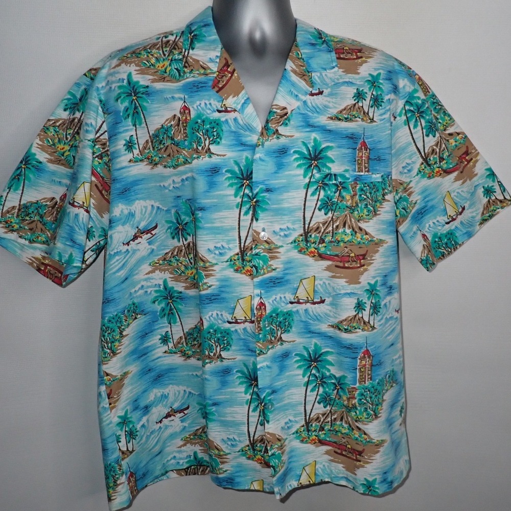 Royal Creations Men's Hawaiian Shirt Tropical Island Boat Print Blue XL Cruise